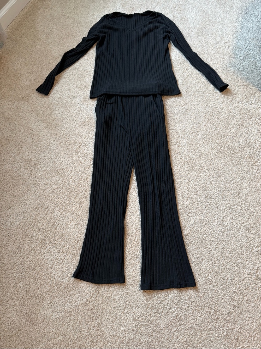 Women's Black Ribbed Wide-Leg Lounge Pants